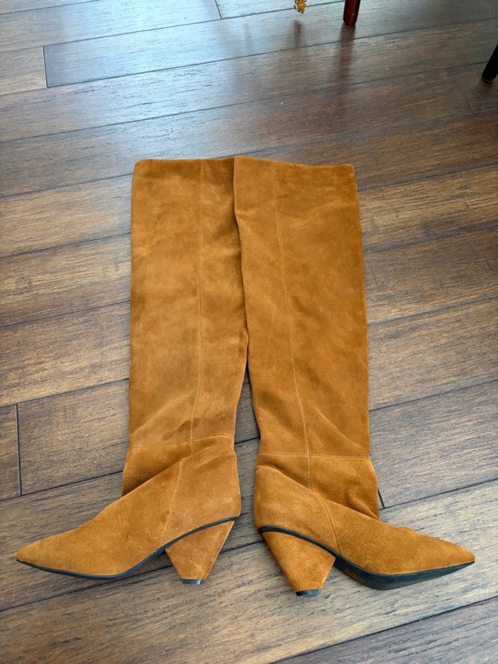 Jeffery Campbell Suede Knee-High Pointed Toe Boots in Cognac